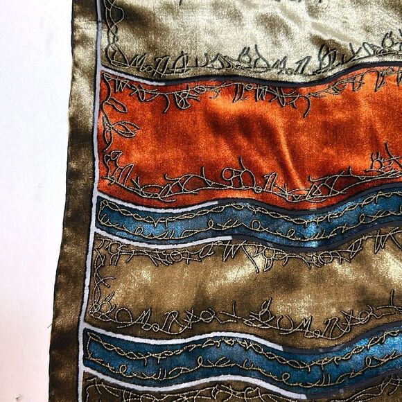 Silk Velvet Oblong Scarf Embroidered Burnt Orange Olive Green Black Lining - Picture 7 of 10